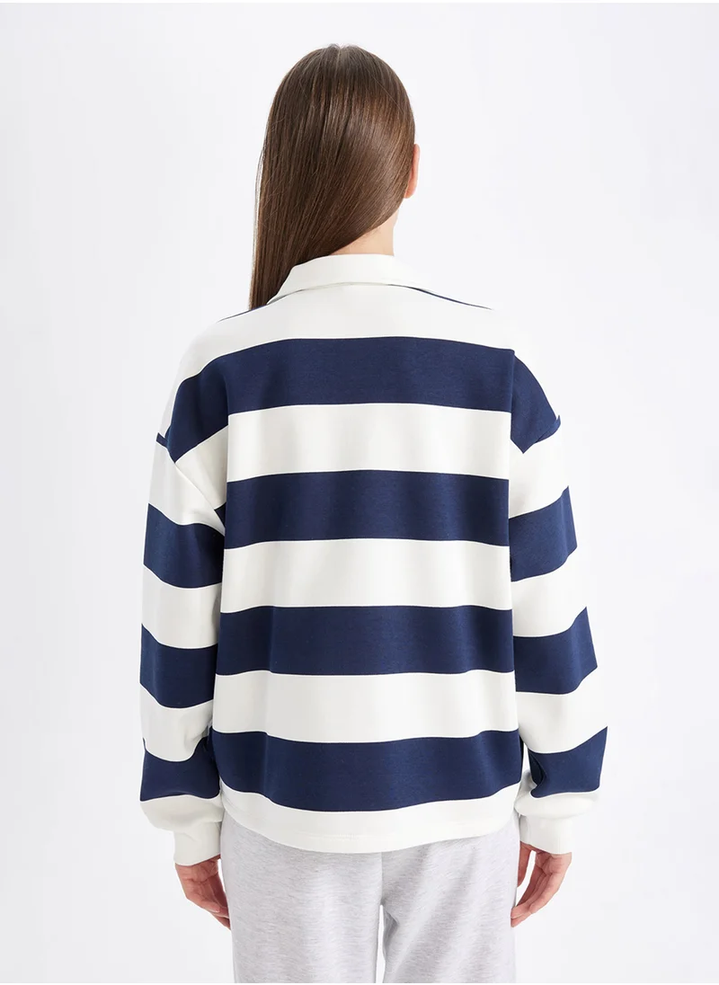 DeFacto Relax Fit Polo Neck Striped Thick Fabric Sweatshirt