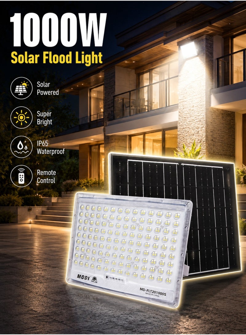 MODI Solar Flood Light Outdoor 1000W, 4M Cable Length, LED Security Lamp with Remote & Timer, 6500K Cool White, Wall Yard Garden Lighting - Image 1