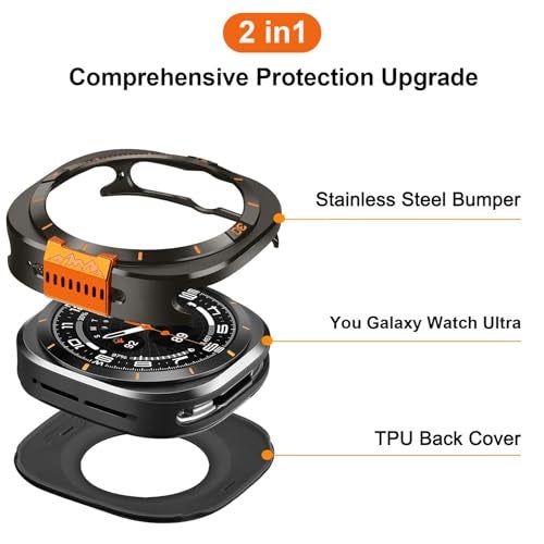 Suphart Metal Cover Compatible with Samsung Galaxy Watch Ultra Case 2025/2024, 2 in 1 Protective Rugged Bumper with Back Frame for Galaxy Watch 47mm (Graphite/Orange) - Image 2