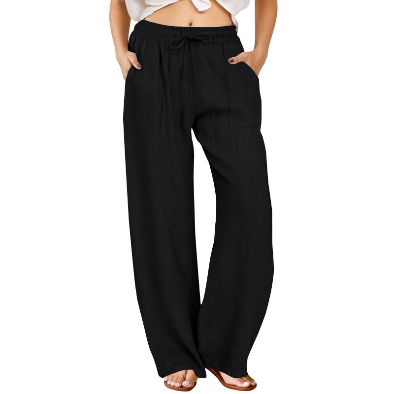 FireSwan Womens Palazzo Pants Casual Drawstring Flowy Pants Wide Leg Summer Beach Linen Trousers with Pockets Black - Image 1