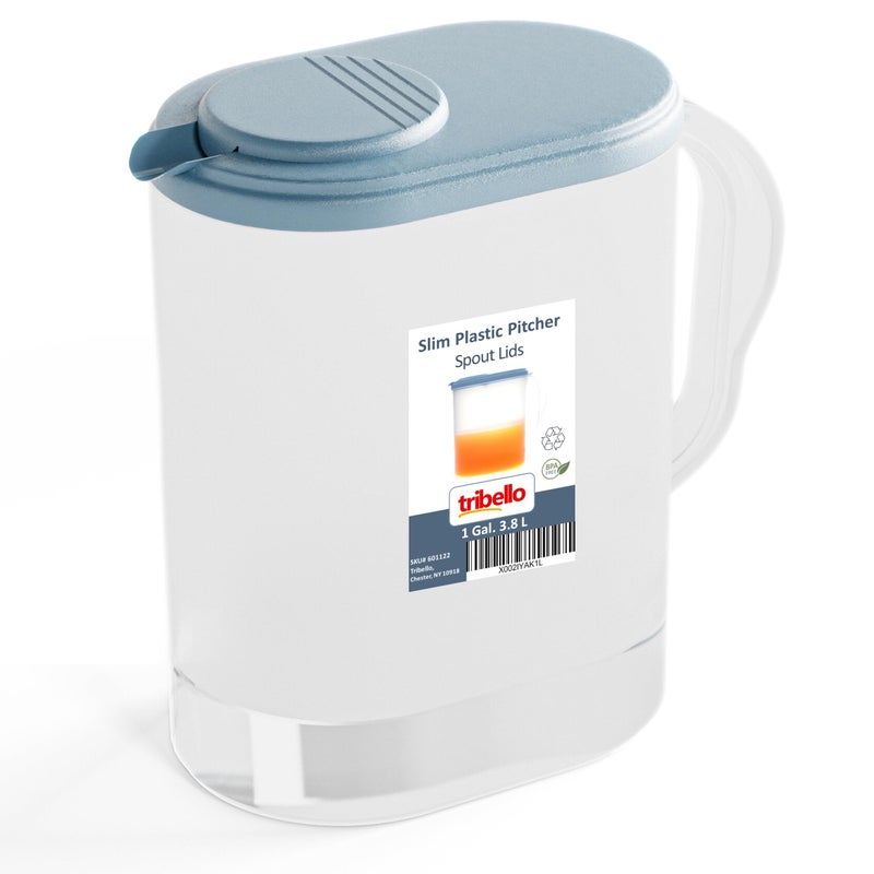 Tribello Pitcher with Lid 1 Gallon Slim Clear Plastic Water Pitcher with Pivottop Spout Lids Iced Tea Pitcher for Fridge FreezerDishwasher Safe and BPAPhthalate Free