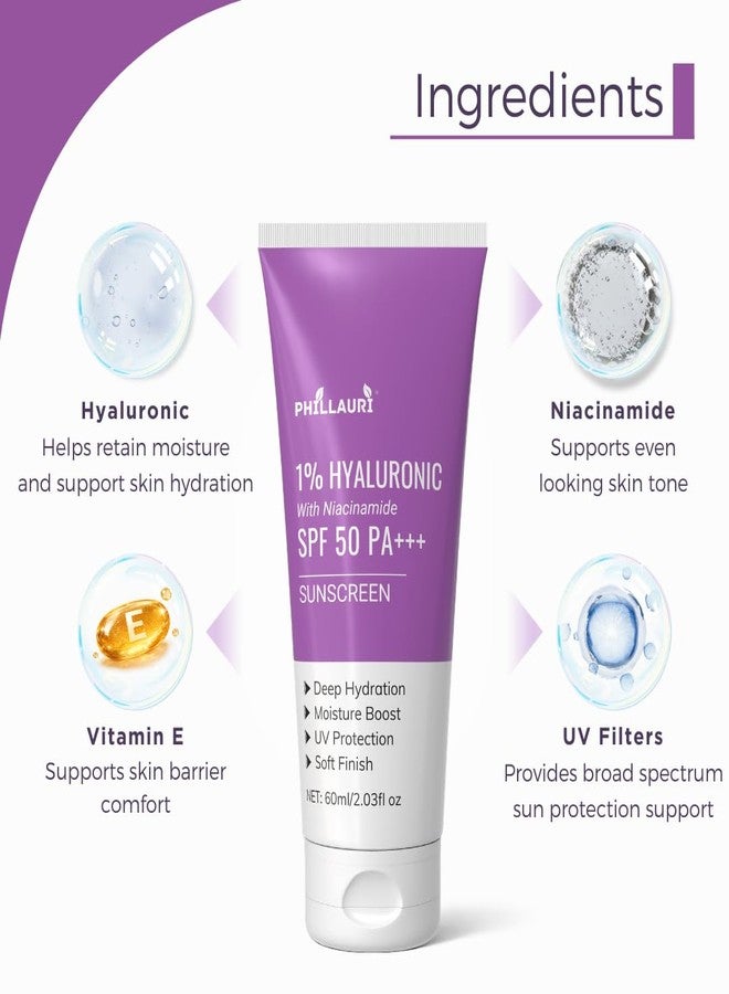 Phillauri Hyaluronic Sunscreen Sunscreen SPF 50 PA+++ Daily SunCare Cream, spf 50 for dry skin, Protects, Moisturizes & Brightens Skin - 60ml (Pack 2) - Image 2