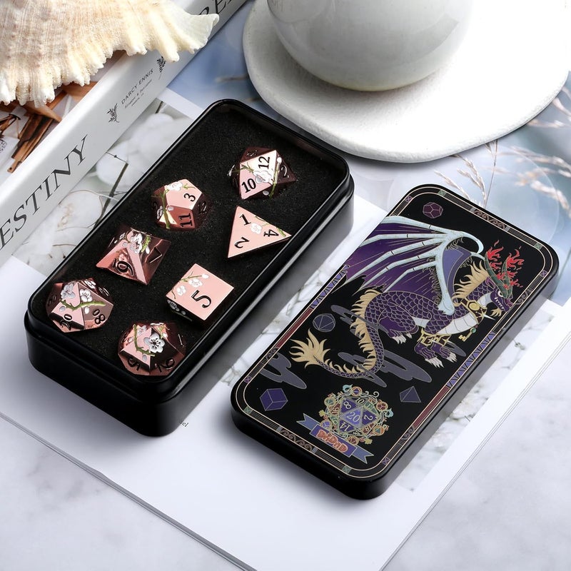DNDND Metal Dice Set D&D, 7 PCS Flower Metallic DND Dice Set with Gorgeous Gift Case for Dungeons and Dragon Tabletop Game (Gold with White Flower) - Image 4