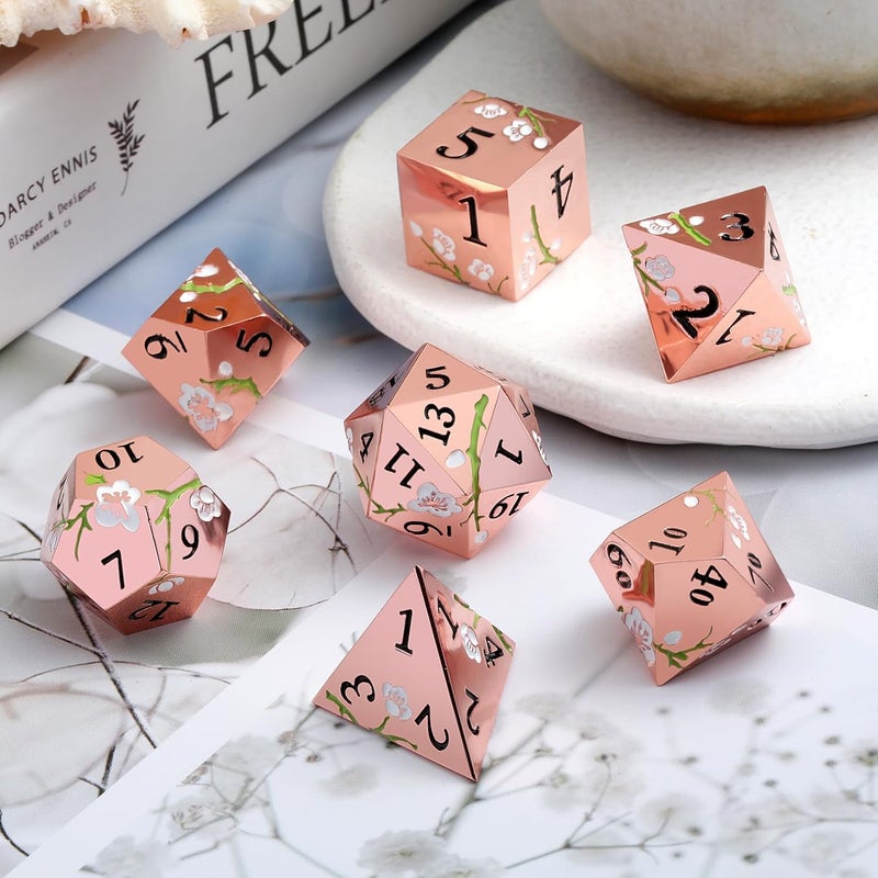 DNDND Metal Dice Set D&D, 7 PCS Flower Metallic DND Dice Set with Gorgeous Gift Case for Dungeons and Dragon Tabletop Game (Gold with White Flower) - Image 3