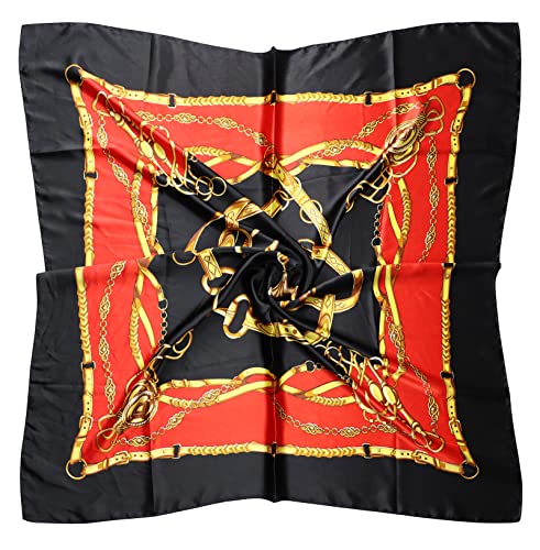 vabovin 35" Large Women's Satin Square Silk Feeling Hair Scarf Wrap Headscarf (Black Red Belt Chain) - Image 1