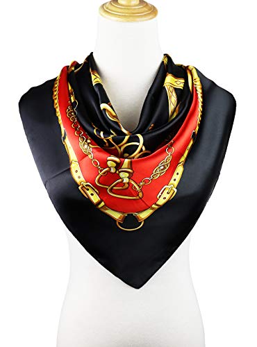 vabovin 35" Large Women's Satin Square Silk Feeling Hair Scarf Wrap Headscarf (Black Red Belt Chain) - Image 3