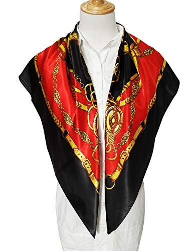 vabovin 35" Large Women's Satin Square Silk Feeling Hair Scarf Wrap Headscarf (Black Red Belt Chain) - Image 4