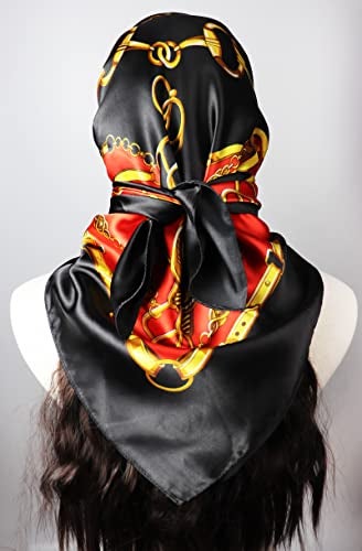 vabovin 35" Large Women's Satin Square Silk Feeling Hair Scarf Wrap Headscarf (Black Red Belt Chain) - Image 2