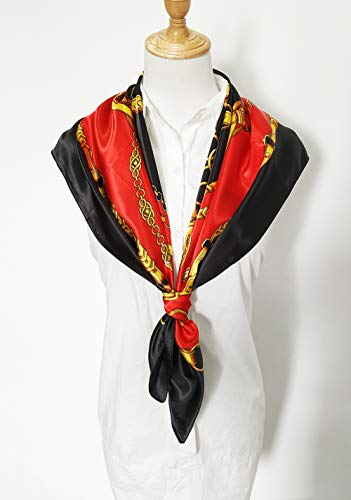 vabovin 35" Large Women's Satin Square Silk Feeling Hair Scarf Wrap Headscarf (Black Red Belt Chain) - Image 5