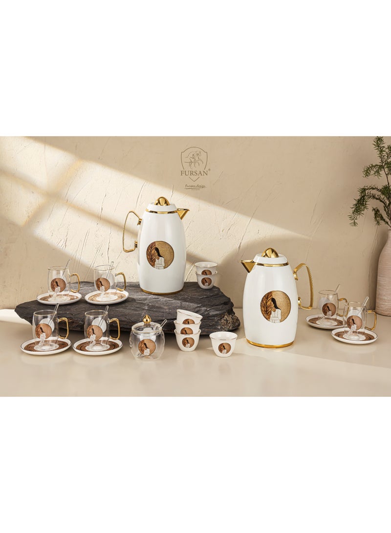 Fursan Luxury Vacuum Flask Set – 1L + 0.7L Metal Flask with 27PCS Porcelain & Borosilicate Glass Tea Set | Arabic Coffee & Tea Serving Set