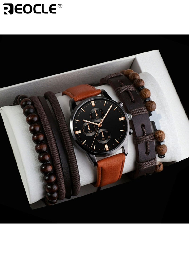 ريوكل 4 قطع ساعة كوارتز أنيقة للرجال ومجموعة سوار تصميم عصري مع تفاصيل زخرفية ميزة التقويم حزام جلد صناعي هدية مثالية للرجال للمناسبات الرسمية وغير الرسمية - Image 2