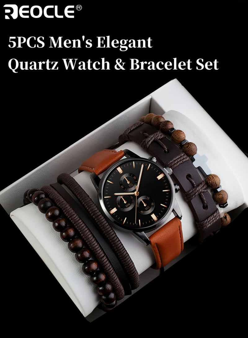 ريوكل 4 قطع ساعة كوارتز أنيقة للرجال ومجموعة سوار تصميم عصري مع تفاصيل زخرفية ميزة التقويم حزام جلد صناعي هدية مثالية للرجال للمناسبات الرسمية وغير الرسمية - Image 1