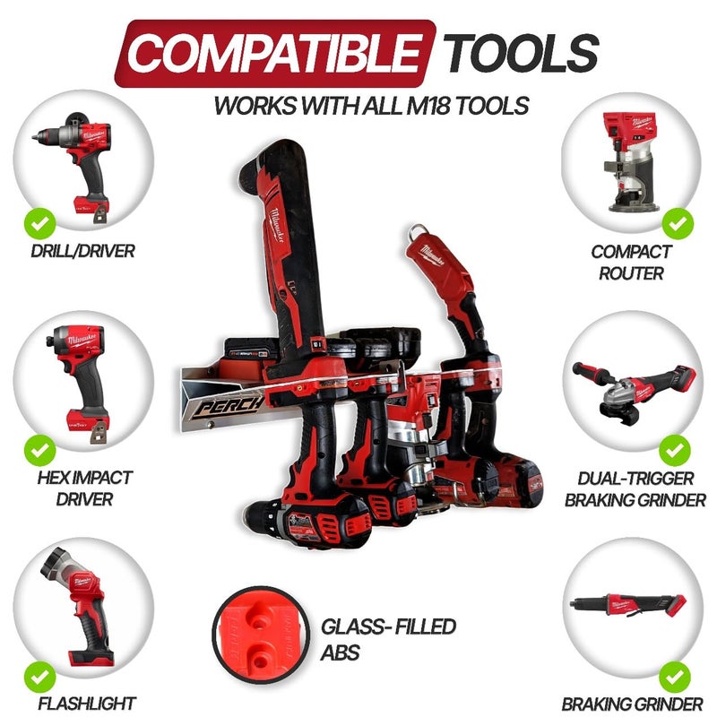 PERCH Tool Holder Rack for Milwaukee M18 18v | Securely Mounts 5 Cordless Tools | Universal Mounting | Most Durable Cordless Tool Organizer - Image 5
