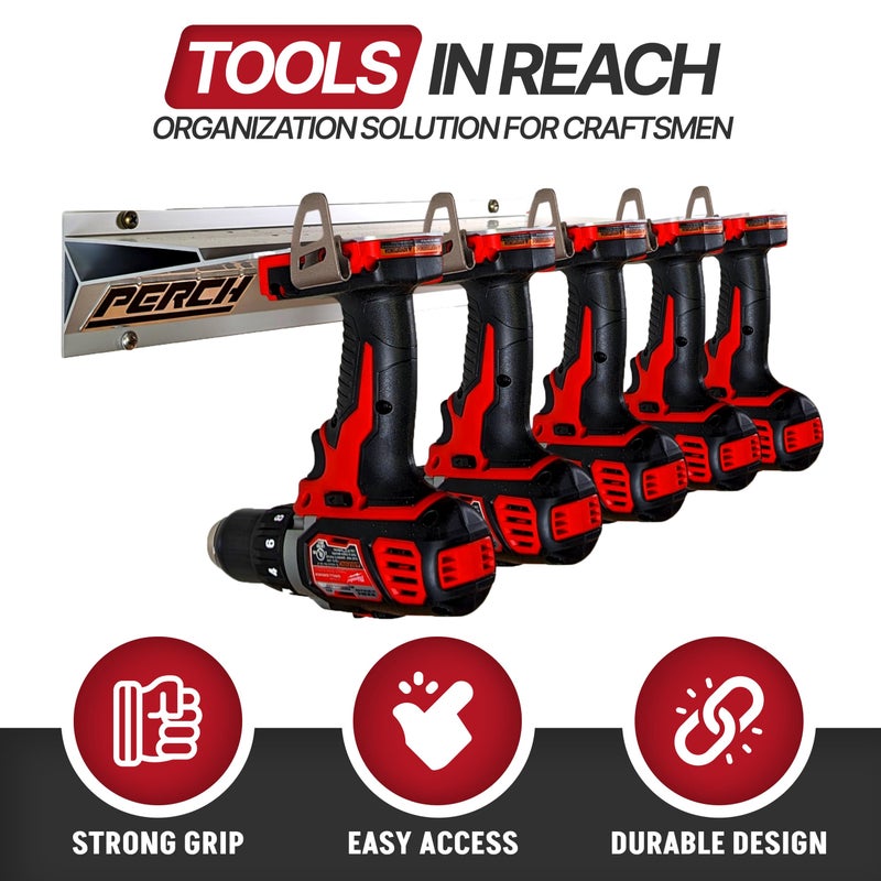 PERCH Tool Holder Rack for Milwaukee M18 18v | Securely Mounts 5 Cordless Tools | Universal Mounting | Most Durable Cordless Tool Organizer - Image 4