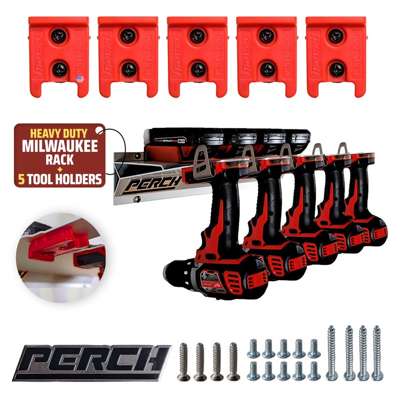 PERCH Tool Holder Rack for Milwaukee M18 18v | Securely Mounts 5 Cordless Tools | Universal Mounting | Most Durable Cordless Tool Organizer - Image 1