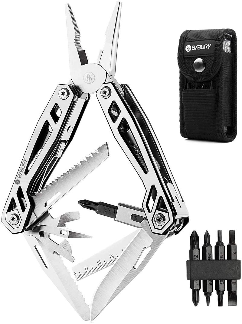 BIBURY Multitool Pliers, 21-in-1 Stainless Steel Pocket Knife with Screwdriver Sleeve, Foldable Safety Locking Design Multi Tool with Sheath for Survival, Camping, Fishing & Home Repair, Gift for Men - Image 1