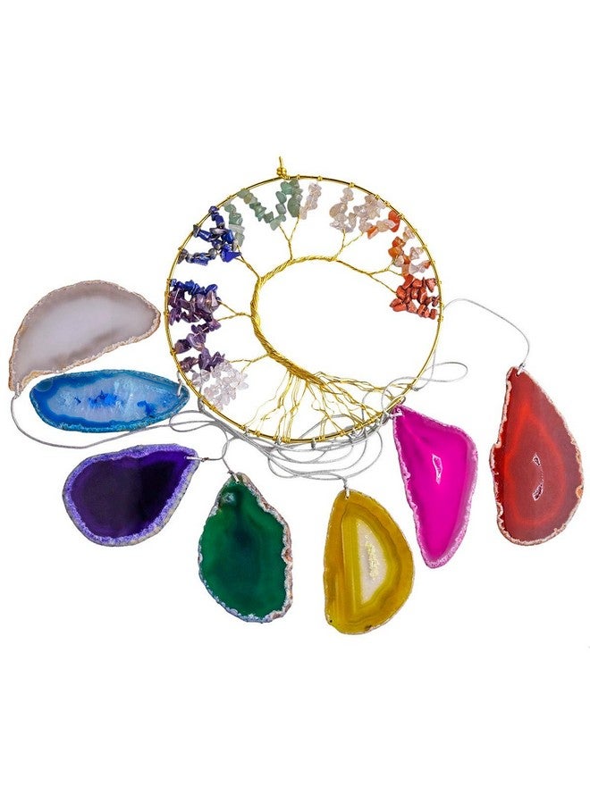 Nupuyai Nupuyai Colorful Agate Slice Wind Chimes, 7 Chakra Stone Healing Crystal Tree of Life Hanging Ornaments for Home Window Garden Decoration  - Image 2