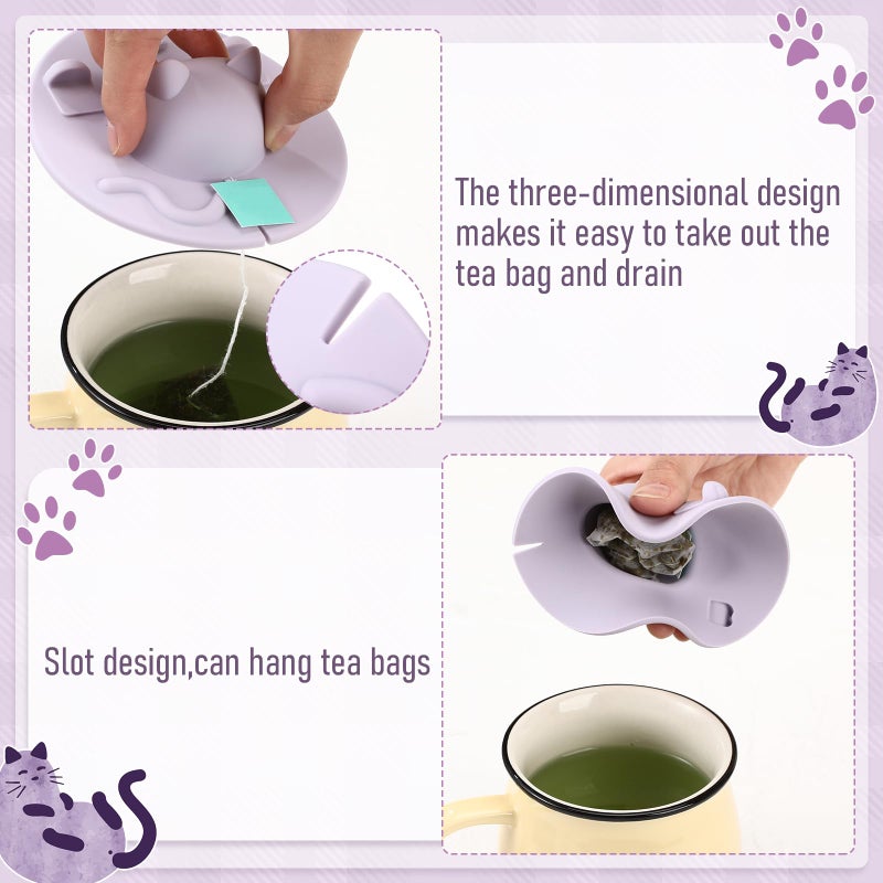 Ferrochef 4 Pcs Tea Bag Squeezer 4 Inch Silicone Tea Bag Holder & Squeezer Dishwasher Safe Purple Cute Cat-shaped Cup Silicone Lids Warm Cover Supplies - Image 4