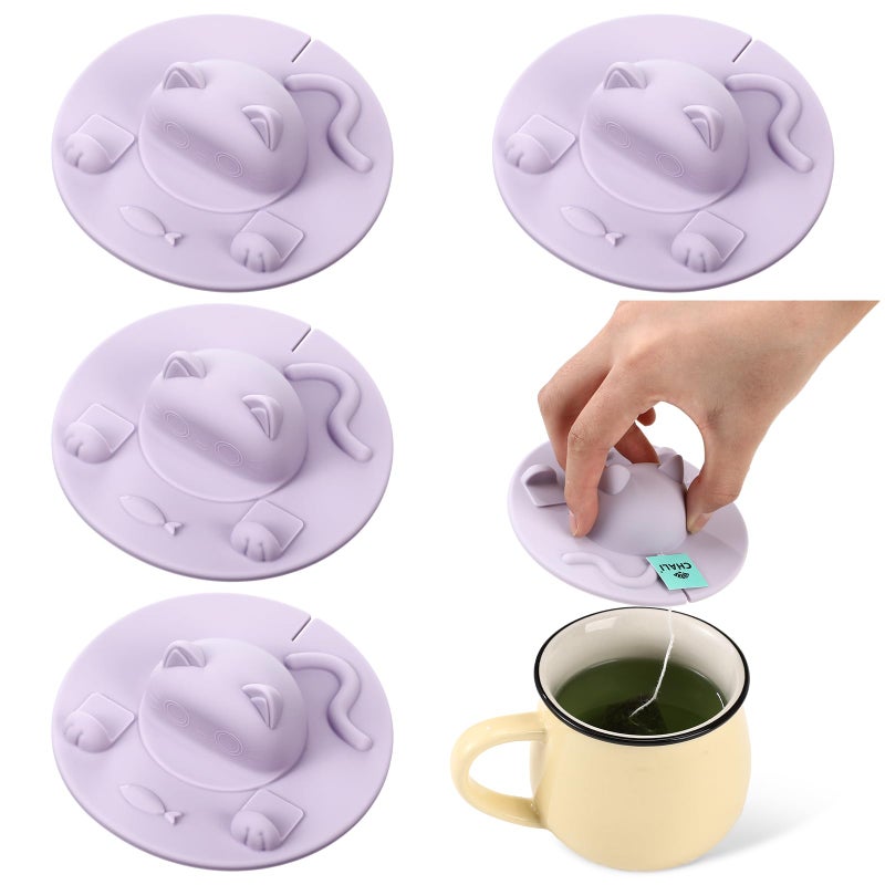 Ferrochef 4 Pcs Tea Bag Squeezer 4 Inch Silicone Tea Bag Holder & Squeezer Dishwasher Safe Purple Cute Cat-shaped Cup Silicone Lids Warm Cover Supplies - Image 1
