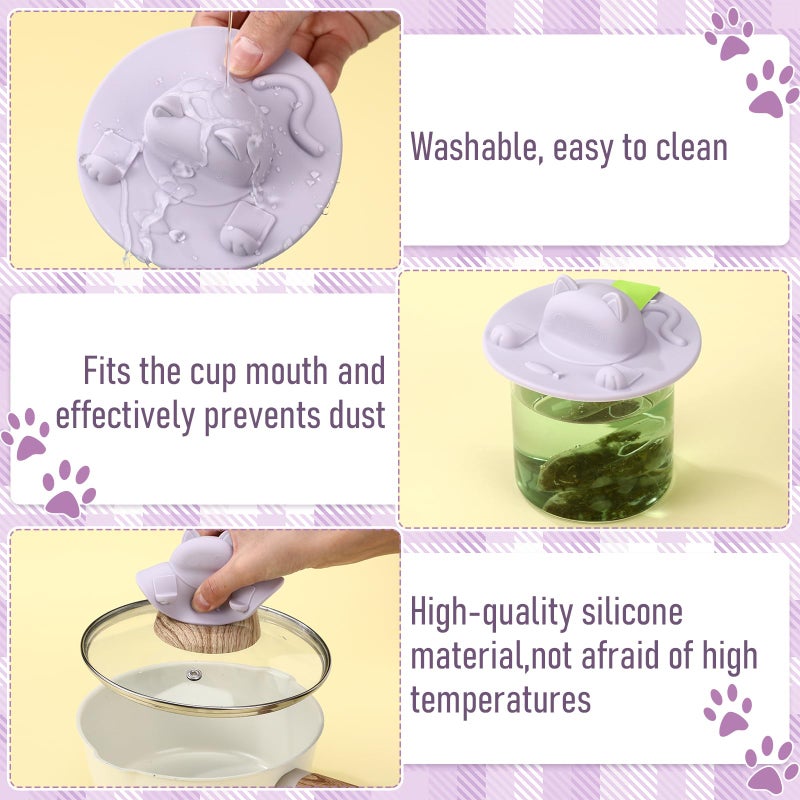 Ferrochef 4 Pcs Tea Bag Squeezer 4 Inch Silicone Tea Bag Holder & Squeezer Dishwasher Safe Purple Cute Cat-shaped Cup Silicone Lids Warm Cover Supplies - Image 3