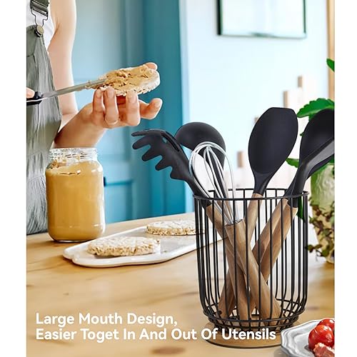 WDT Tool Utensil holder for Kitchen Counter，Large Utensils Holder For Farmhouse Cooking, Utensil Caddy Spatula Holder (Metal+Bamboo-1) - Image 5