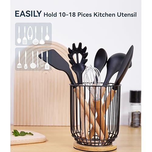 WDT Tool Utensil holder for Kitchen Counter，Large Utensils Holder For Farmhouse Cooking, Utensil Caddy Spatula Holder (Metal+Bamboo-1) - Image 4