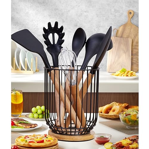 WDT Tool Utensil holder for Kitchen Counter，Large Utensils Holder For Farmhouse Cooking, Utensil Caddy Spatula Holder (Metal+Bamboo-1) - Image 2