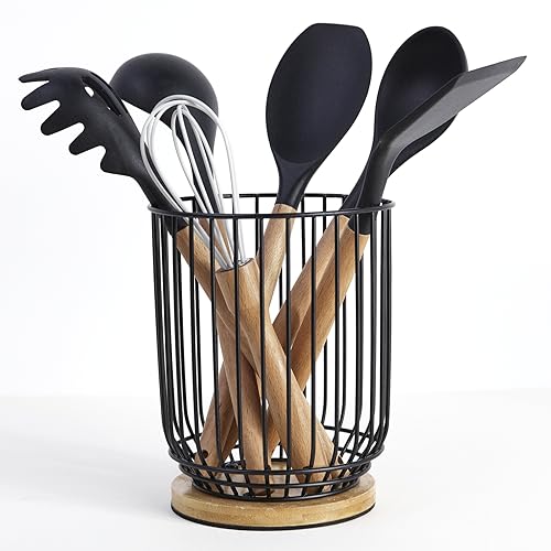 WDT Tool Utensil holder for Kitchen Counter，Large Utensils Holder For Farmhouse Cooking, Utensil Caddy Spatula Holder (Metal+Bamboo-1) - Image 1