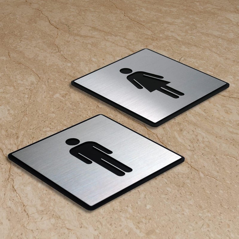 BerryBox Premium Brush Finish Square Silver Acrylic Men Women Sign Easy to Mount 3M Double Side 5.8 Inch Signage Self-Adhesive Business Stores Cafe Shop Hospital School Office Hotel - Image 4