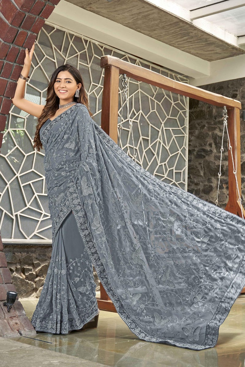 MANOHARI Georgette Embellished Grey sari for women with Blouse Piece - Image 4