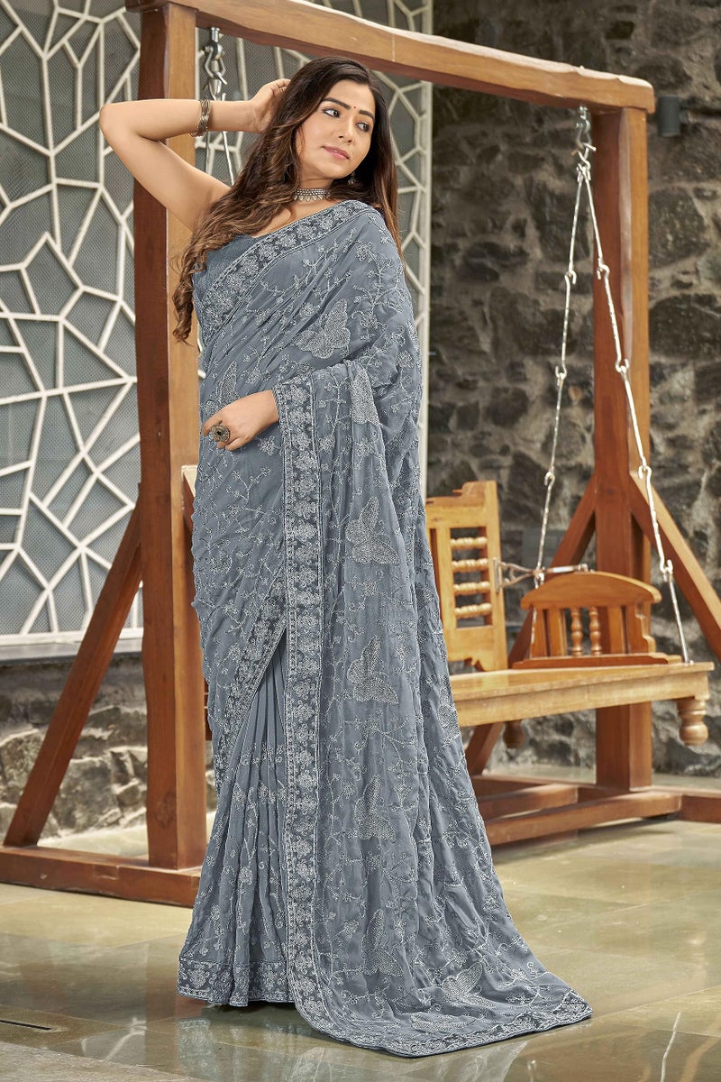 MANOHARI Georgette Embellished Grey sari for women with Blouse Piece - Image 2