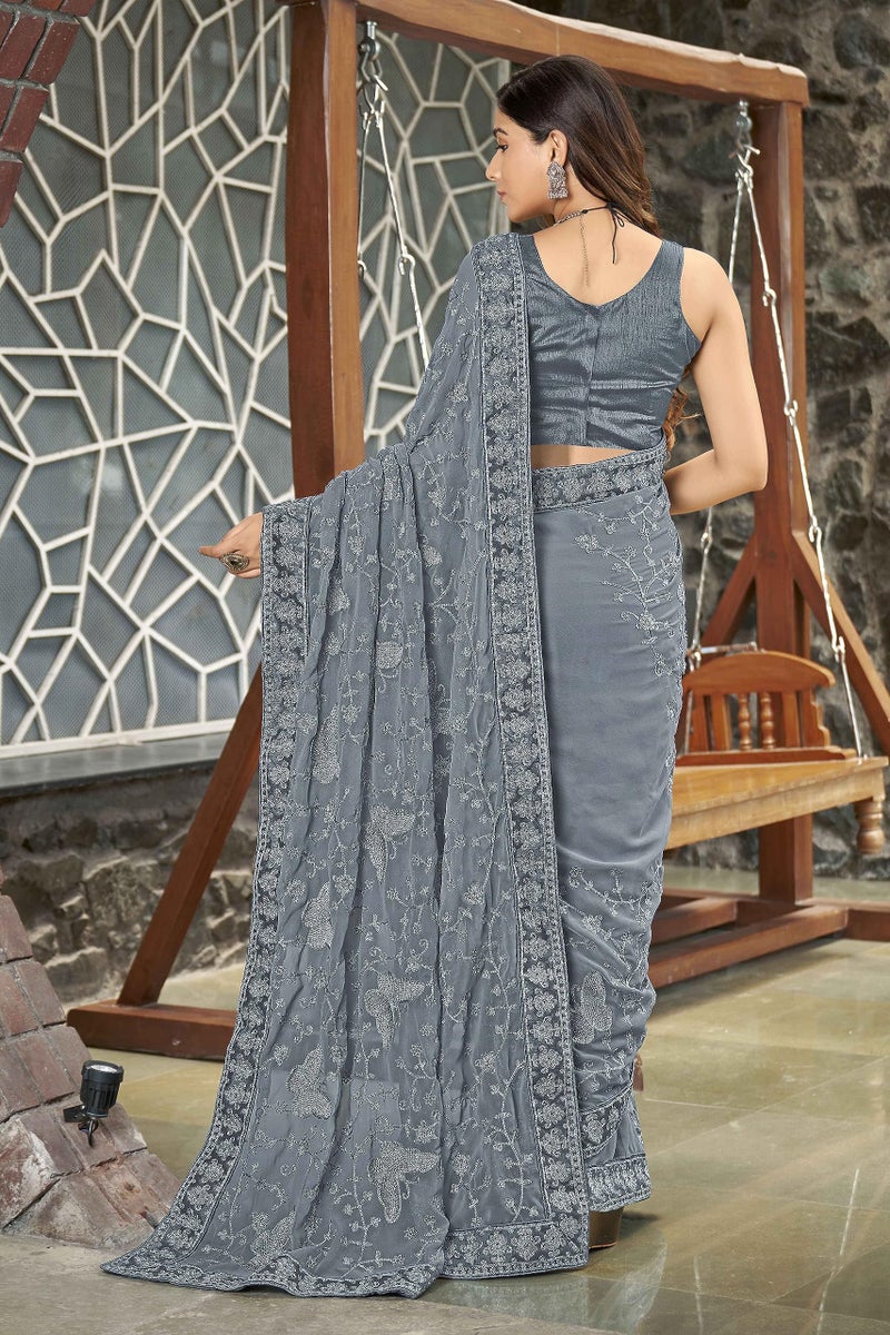MANOHARI Georgette Embellished Grey sari for women with Blouse Piece - Image 5