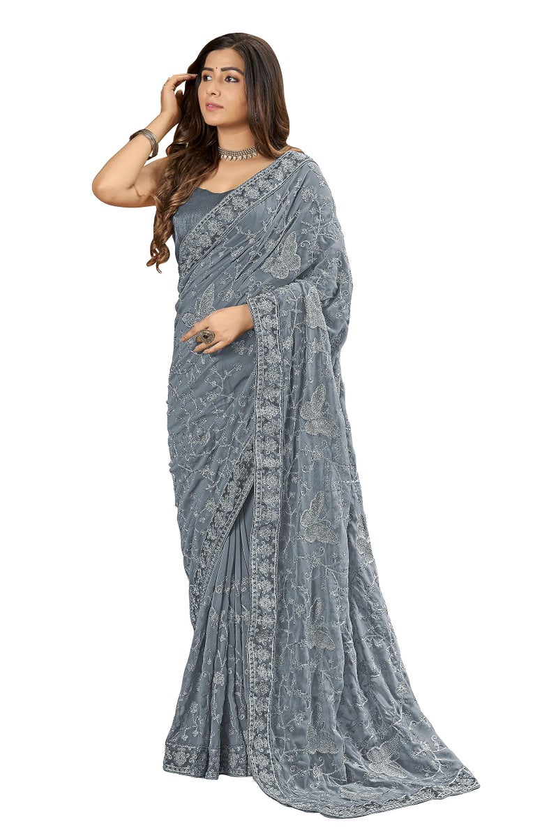 MANOHARI Georgette Embellished Grey sari for women with Blouse Piece - Image 1