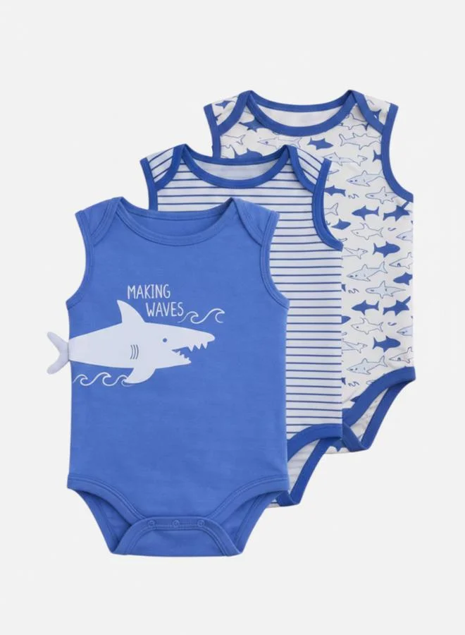 Victor And Jane Baby Boys Sleeveless Shark Print Bodysuits - Pack of 3