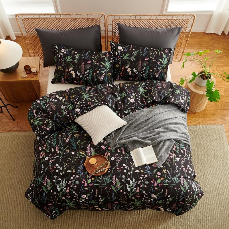 CCoutueChen Floral Duvet Cover Queen Black 3 Pieces Elegant Botanical Flower Bedding Set Farmhosue Aesthetic Bedding Soft Microfiber Duvet Cover Set with 2 Pillowcases - Image 4