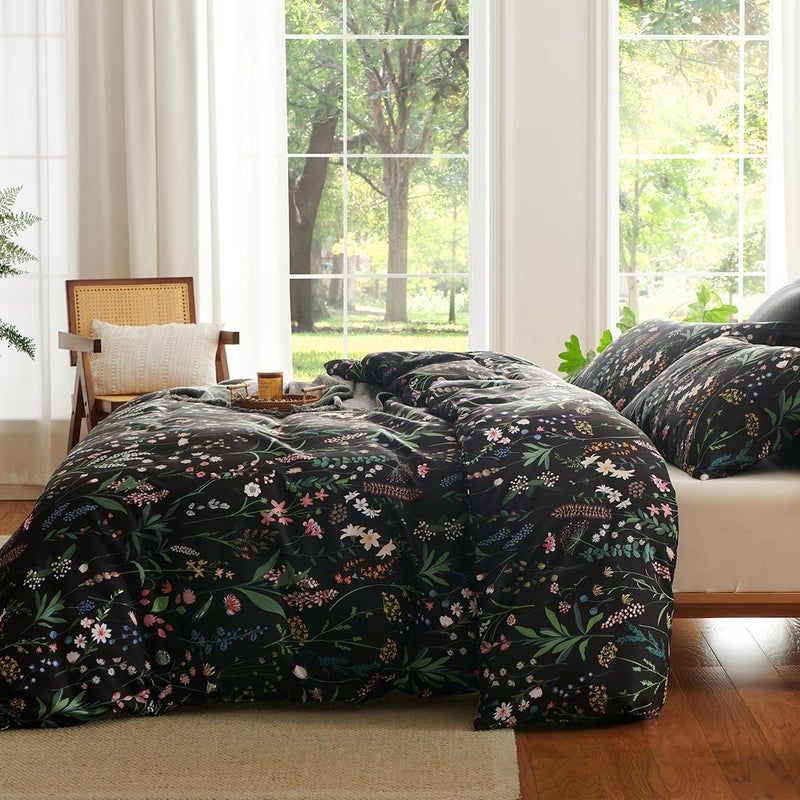 CCoutueChen Floral Duvet Cover Queen Black 3 Pieces Elegant Botanical Flower Bedding Set Farmhosue Aesthetic Bedding Soft Microfiber Duvet Cover Set with 2 Pillowcases - Image 3