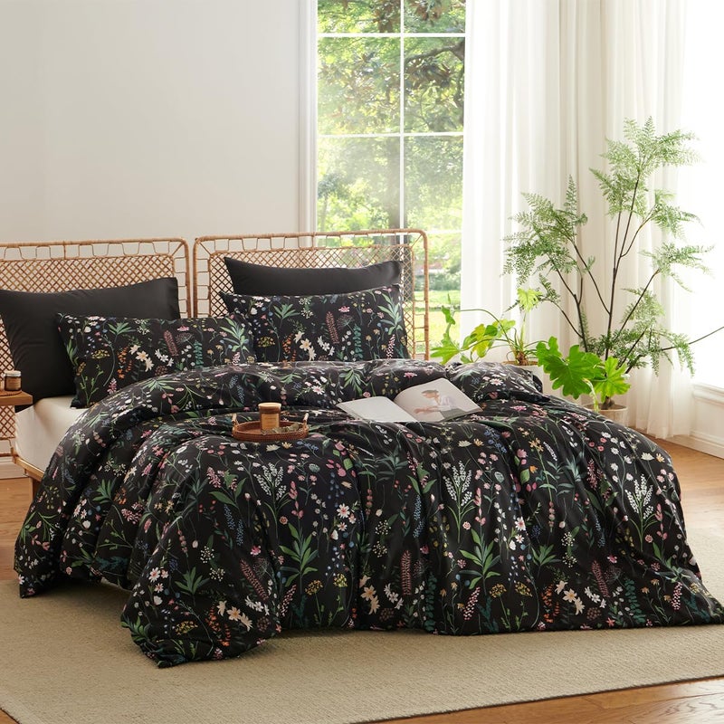 CCoutueChen Floral Duvet Cover Queen Black 3 Pieces Elegant Botanical Flower Bedding Set Farmhosue Aesthetic Bedding Soft Microfiber Duvet Cover Set with 2 Pillowcases - Image 2