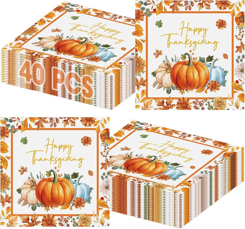 Litmitfu 40 Pcs Happy Thanksgiving Napkins - 6.5 Inch Fall Watercolor Paper Napkins, 3-ply Disposable Pumpkin Maple Leaf Cocktail Napkin Tableware Set for Autumn Thanksgiving Party Decorations Supplies Favors - Image 1
