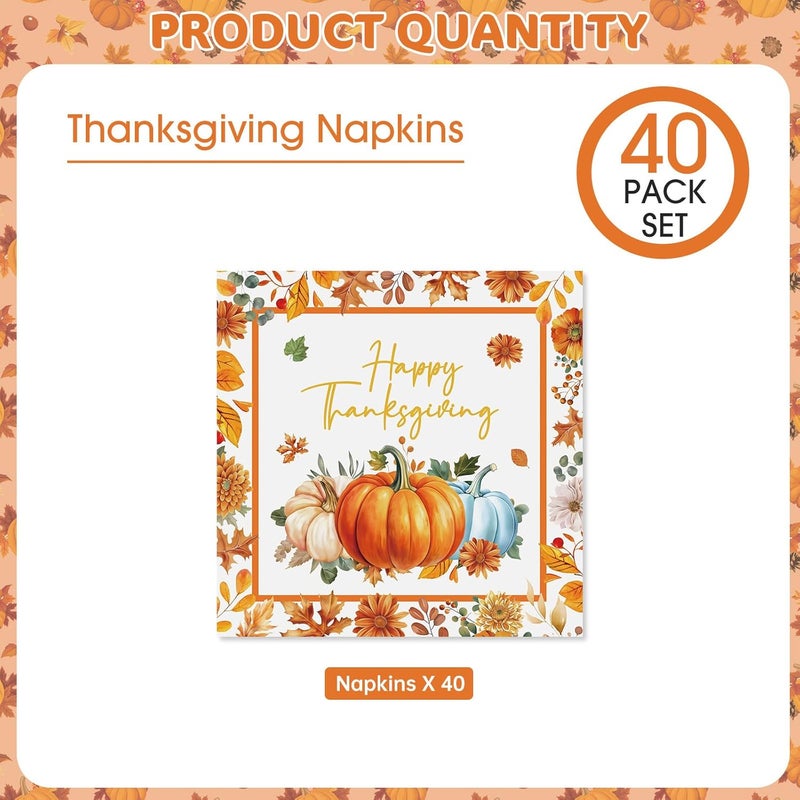 Litmitfu 40 Pcs Happy Thanksgiving Napkins - 6.5 Inch Fall Watercolor Paper Napkins, 3-ply Disposable Pumpkin Maple Leaf Cocktail Napkin Tableware Set for Autumn Thanksgiving Party Decorations Supplies Favors - Image 4