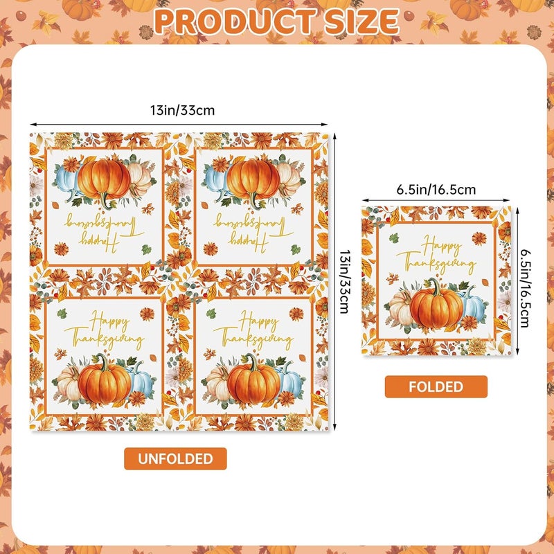 Litmitfu 40 Pcs Happy Thanksgiving Napkins - 6.5 Inch Fall Watercolor Paper Napkins, 3-ply Disposable Pumpkin Maple Leaf Cocktail Napkin Tableware Set for Autumn Thanksgiving Party Decorations Supplies Favors - Image 3