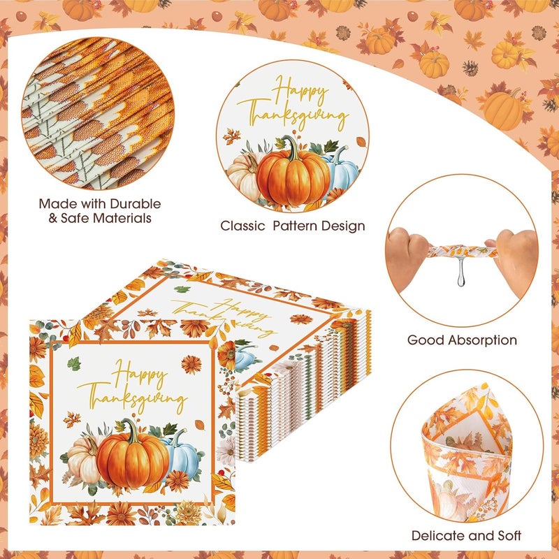 Litmitfu 40 Pcs Happy Thanksgiving Napkins - 6.5 Inch Fall Watercolor Paper Napkins, 3-ply Disposable Pumpkin Maple Leaf Cocktail Napkin Tableware Set for Autumn Thanksgiving Party Decorations Supplies Favors - Image 5