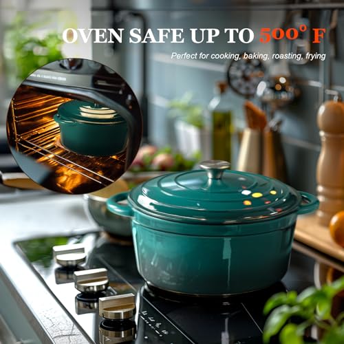 Overmont وعاء داتش أوفن من أوفermont بمينا حديد الزهر - وعاء 7QT مع غطاء وكتاب طبخ وقبعات قطنية - أدوات طهي ثقيلة لتحمير، يخنات، تحميص، وخبز الخبز باللون الأخضر الزجاجي - Image 5