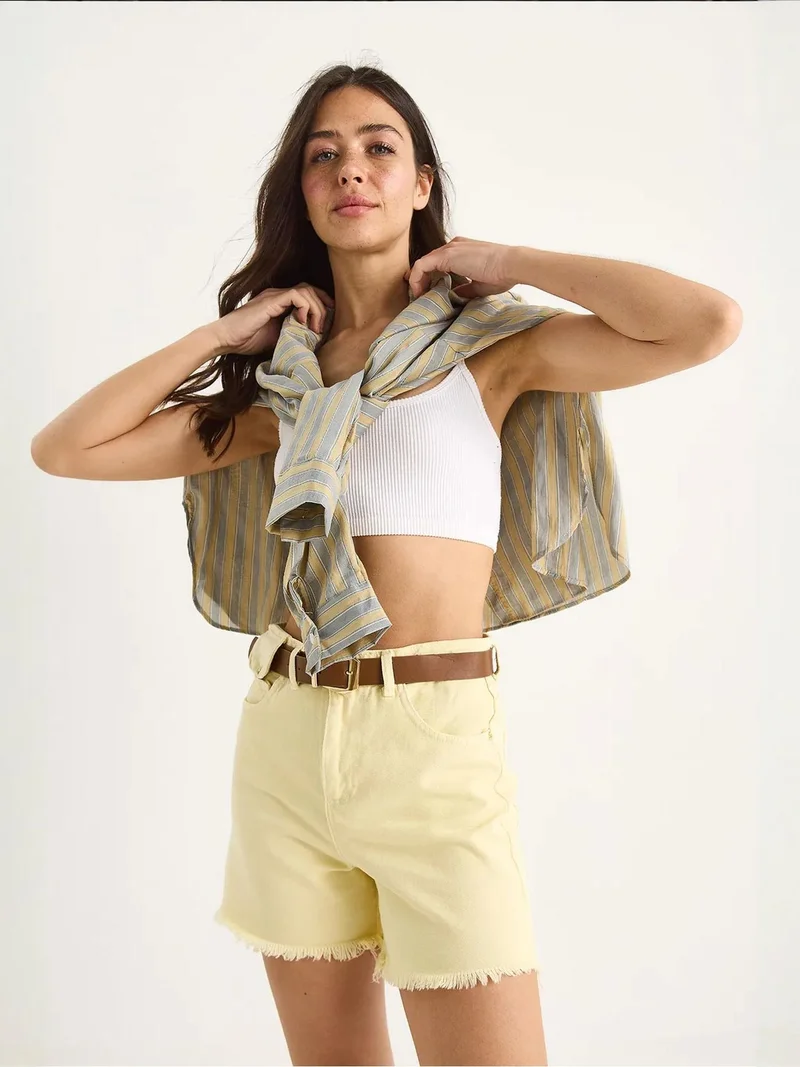 Bianco Lucci Lemon Yellow LUCCI Belted Denim Shorts for Women | Best Price UAE
