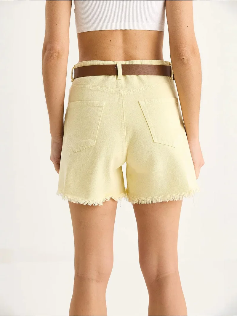 Bianco Lucci Lemon Yellow LUCCI Belted Denim Shorts for Women | Best Price UAE