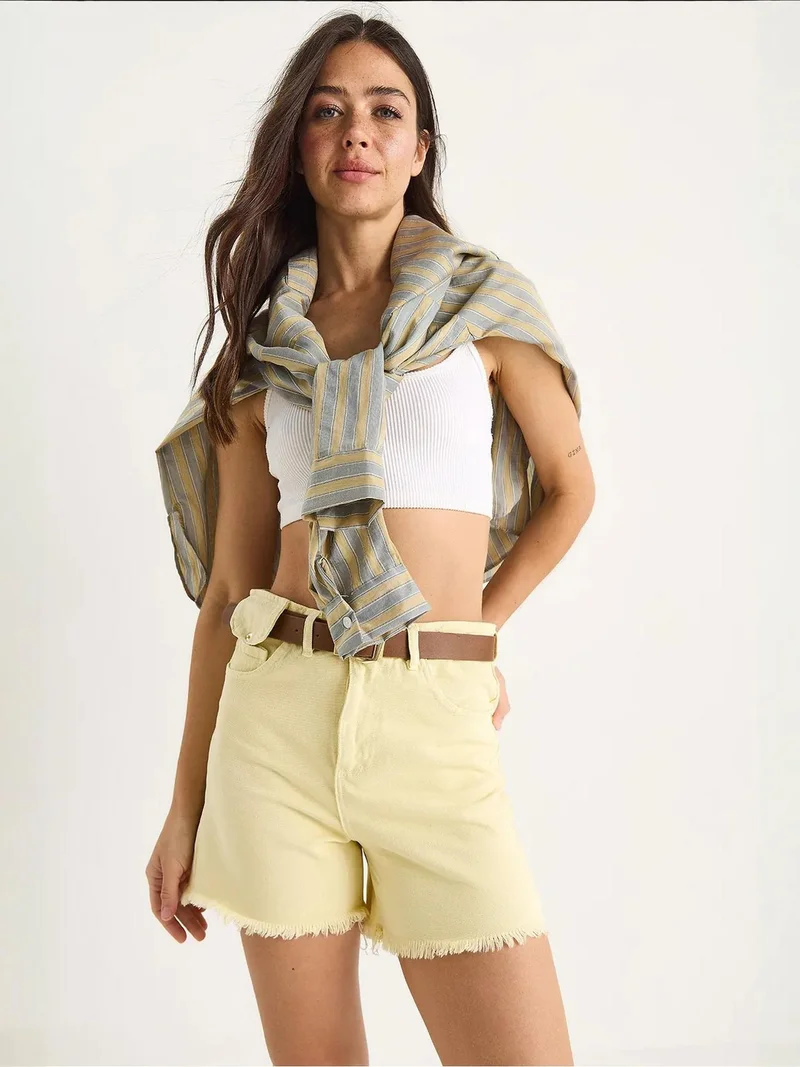 Bianco Lucci Lemon Yellow LUCCI Belted Denim Shorts for Women | Best Price UAE