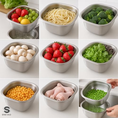 Snevad 2-in-1 Stainless Steel Mixing Bowl & Colander Set Wash, Drain, Mix & Store Heavy Duty Rust-Proof Strainer for Rice, Pasta, Fruits & Vegetables Premium Kitchen Essentials for Cooking Food Prep - Image 5