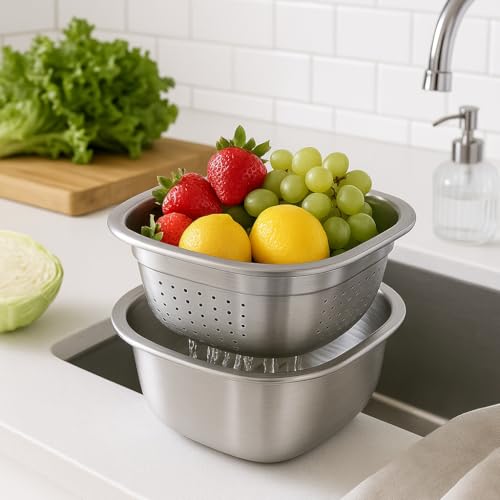 Snevad 2-in-1 Stainless Steel Mixing Bowl & Colander Set Wash, Drain, Mix & Store Heavy Duty Rust-Proof Strainer for Rice, Pasta, Fruits & Vegetables Premium Kitchen Essentials for Cooking Food Prep - Image 4