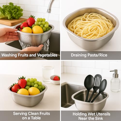 Snevad 2-in-1 Stainless Steel Mixing Bowl & Colander Set Wash, Drain, Mix & Store Heavy Duty Rust-Proof Strainer for Rice, Pasta, Fruits & Vegetables Premium Kitchen Essentials for Cooking Food Prep - Image 3