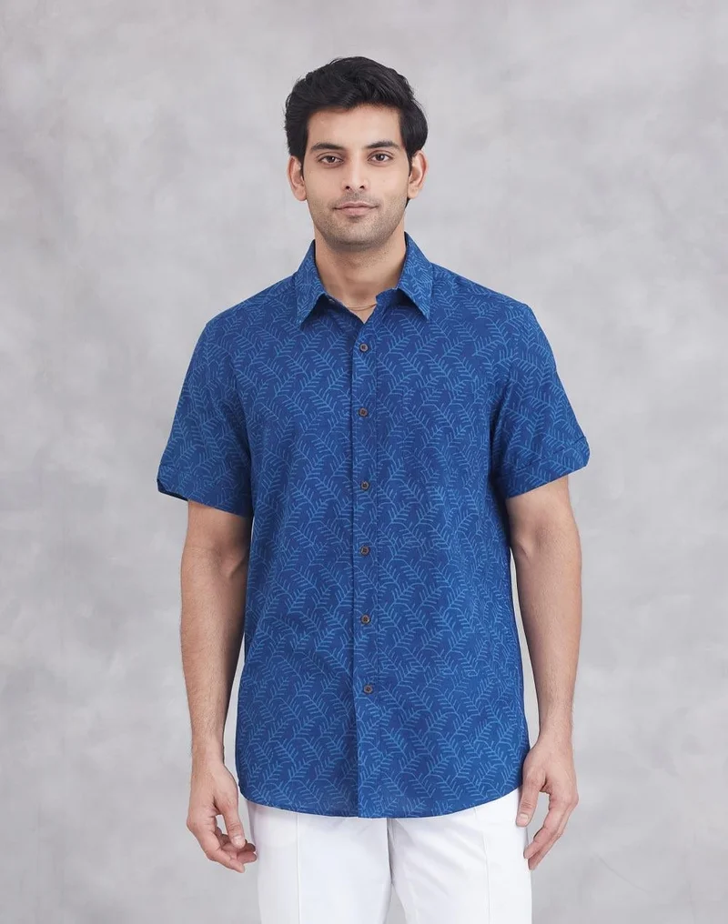 فاب انديا قميص قطني مطبوع بالدابو النيلي