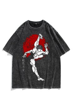 Washed retro T-shirt street hip hop anime Baki Hanma casual cotton summer short sleeves